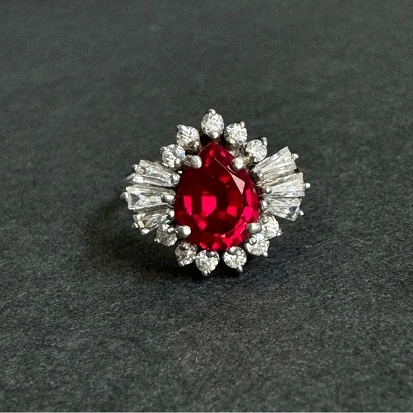 Vintage Faux Ruby Cocktail Ring Sterling Silver Cubic Zirconia Halo Cluster 8